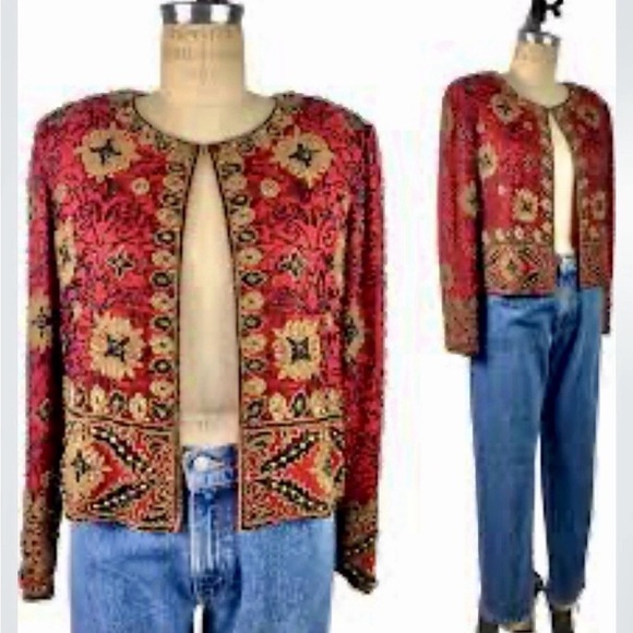 Adrianna Papell Jackets & Blazers - Adrianna Papell Red Beaded Silk Jacket Sz 10 Vintage Evening Statement